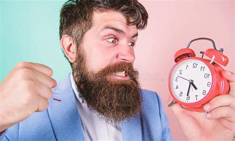 Time To Work Man Bearded Aggressive Businessman Hold Clock Stress