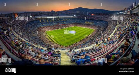 Panoramic view of the Camp Nou stadium at sunset, on a match day of the ...