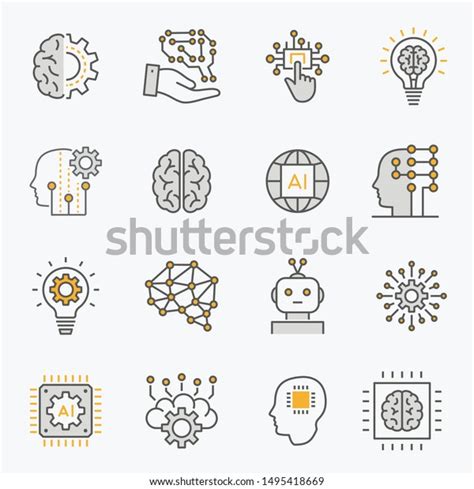 Artificial Intelligence Line Icons Set Of Brain Ai Robot Machine