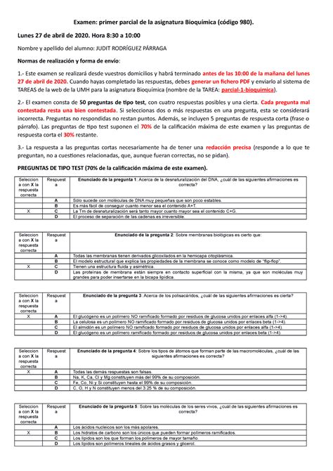 Parcial Bioquimica Examen Primer Parcial De La Asignatura