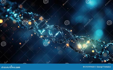 DNA Structure With Blue Lights On Black Background Stock Illustration