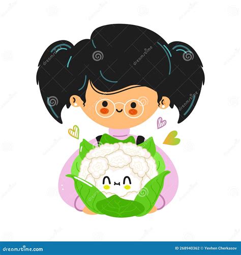 Young Cute Funny Girl Hold Cauliflower In Hand Girl Hugs Cute