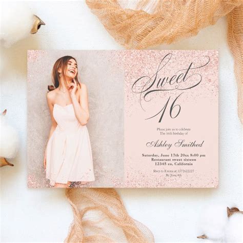 Rose Gold Glitter Script Blush Pink Photo Sweet Invitation Zazzle