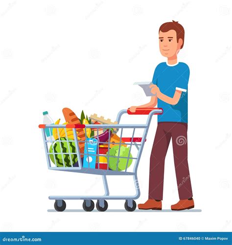 Giovane Che Spinge Il Carrello Del Supermercato Illustrazione