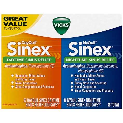 Vicks Dayquil And Nyquil Sinex Sinus Relief Daytime Nighttime Liquicaps Combo Pack