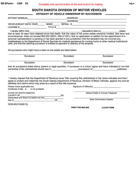 Fillable Form Dor Mv215 Affidavit For Vehicle Ownership By Succession