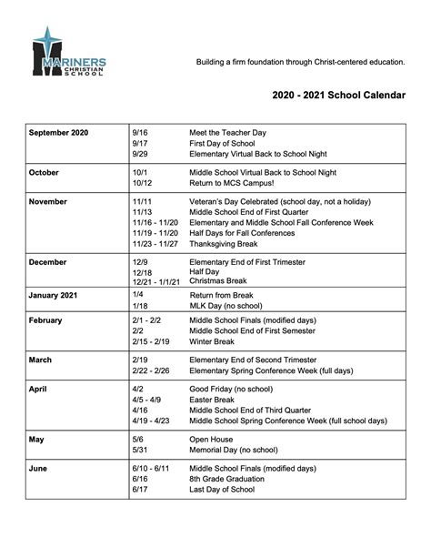 Calendar | Mariners Christian School