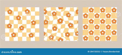 Set Of Groovy Hippie Seamless Patterns Orange Outline Flowers On