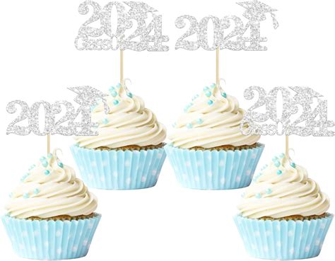 24Pcs 2024 Graduation Cap Cupcake Toppers Silver Glitter Class Of