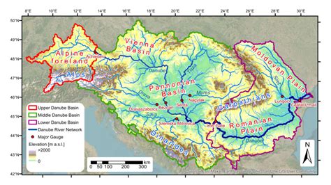 Map of the Danube River Basin with its river network, major gauges and ...