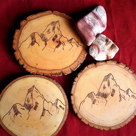 Wood Burned Coasters With A Mountain Design Set Of 3 Drink Etsy