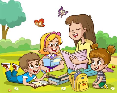 Teacher reading books to children.Children and teacher in the park ...