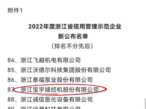 关于公布2022年度“浙江省信用管理示范企业”的决定 浙江宝宇缝纫机有限公司电脑平缝机包缝机高速绷缝机双针机锁眼机钉扣机 高品质平