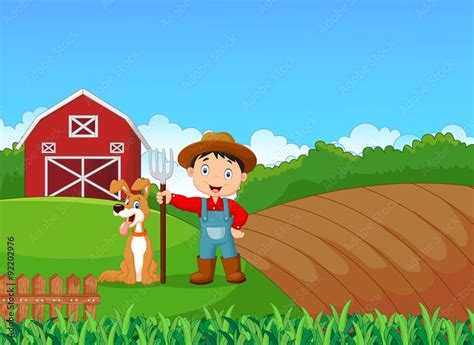 Cartoon little farmer and his dog with farm background Stock Vector ...