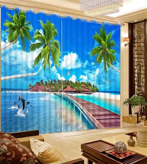 Blue Sea View 3D Window Curtain wooden bridge Blackout Curtains For ...