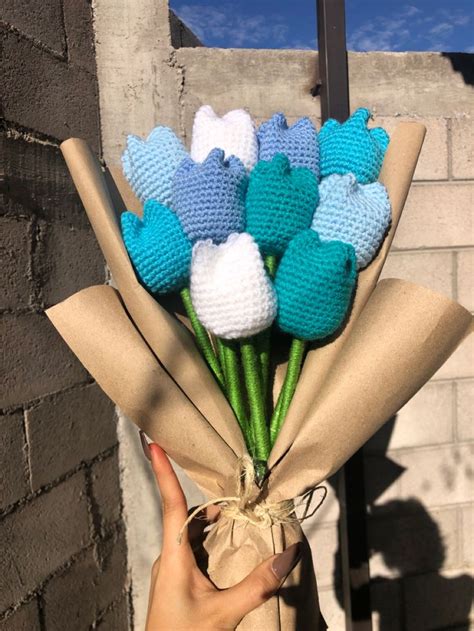 Tulipanes A Crochet En Tonos Azules Ramo De Ganchillo Flores Hechas