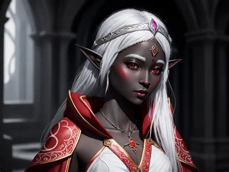 P Photo Cute Female Drow Elf Black Skin White Hair Red