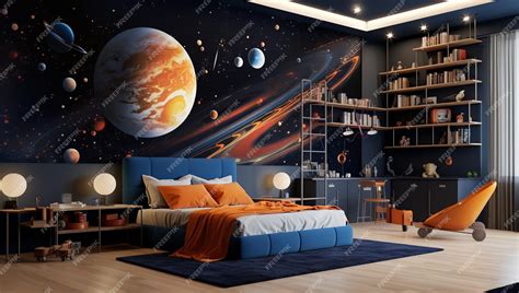 Premium Photo | A modern bedroom with a space themed wall mural The ...