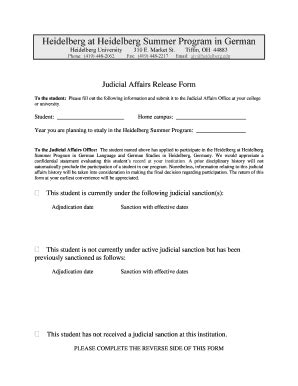 Fillable Online Heidelberg 2013 Judicial Affairs Release Form Final Pdf