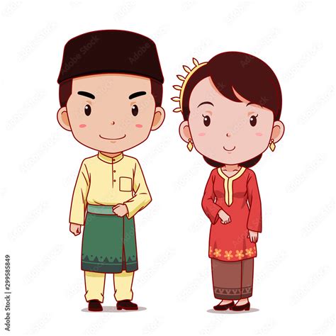 Couple of cartoon characters in Malaysian traditional costume. Stock ...