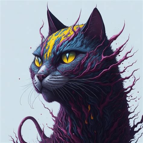 Una Pintura De Un Gato Negro Con Ojos Amarillos Y Marcas Moradas Y