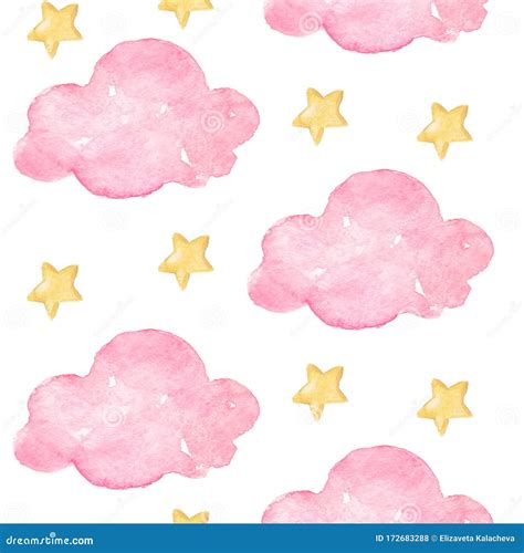 Watercolor Pink Light Clouds with Stars Background Baby Pattern Stock ...