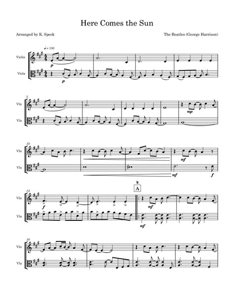 Here Comes The Sun Arr K Speck By The Beatles Sheet Music For Instrumental Duet At Sheet