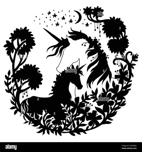 Vector Beautiful Unicorn And Foal With Trees And Stars In Circle