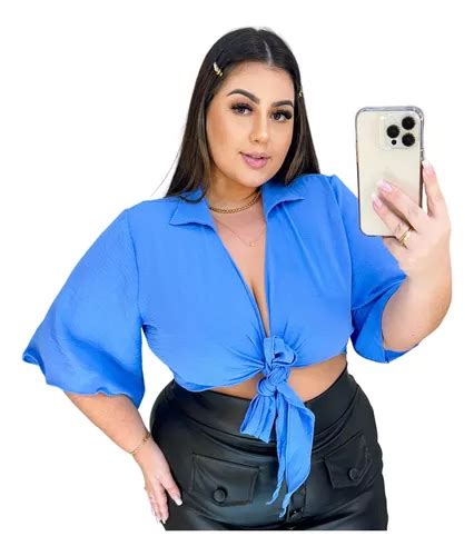 Blusa Feminina Cropped De Amarrar La O Manga Flare Plus Size