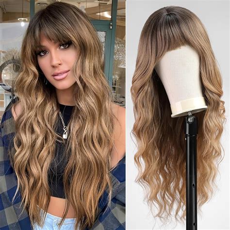 Amazon Kome Ombre Blonde Wigs With Bangs Blonde Mix Brown Long