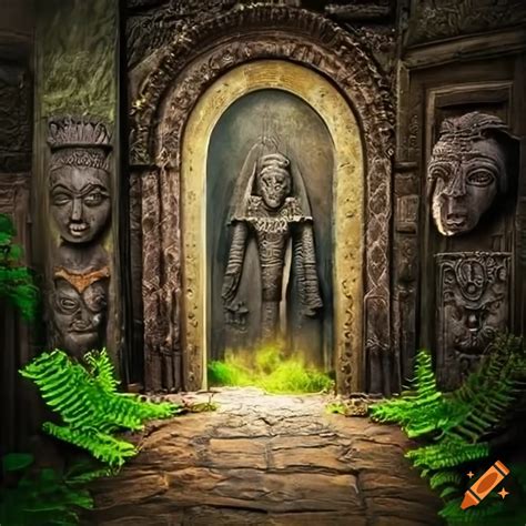 Image Of An Ancient Stone Door With African Gods