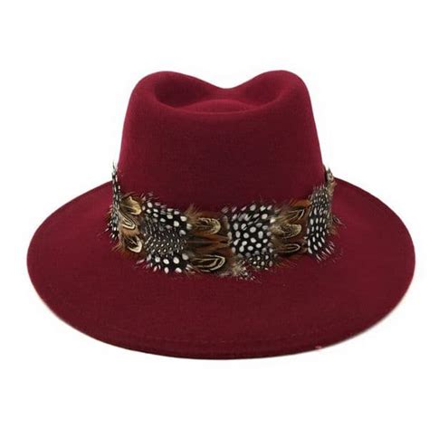 Womens Wool Burgundy Fedora Hat With Country Feather Wrap Trim Chadlington