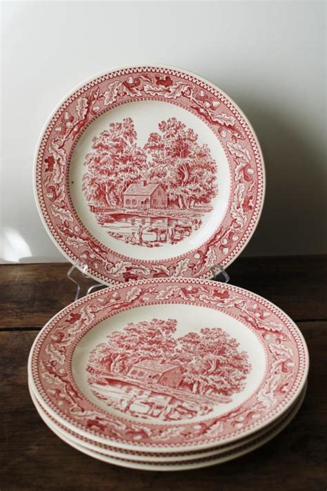 Vintage Red Pink Transferware China Dinner Plates Memory Lane Currier