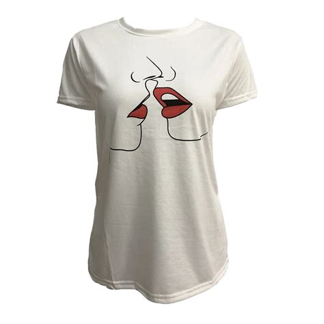 Women Sweet Red Kiss Print T Shirt Female White O Neck Cotton Short