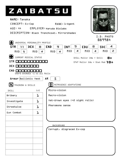 Zaibatsu Character Sheet For A 1980s Style Cyberpunk Game Polyhedral