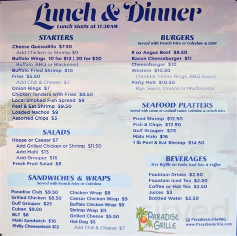 Paradise Grille Menu In Pass A Grille Beach Florida Usa