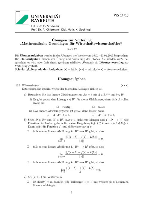 Blatt 12 Übungsaufgaben WS 14 15 Lehrstuhl fur Stochastik Prof Dr