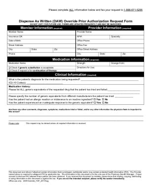 Fillable Online Dispense As Written Daw Override Prior Authorization