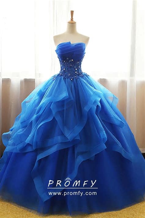 Beaded Sapphire Blue Organza Quinceanera Dress - Promfy