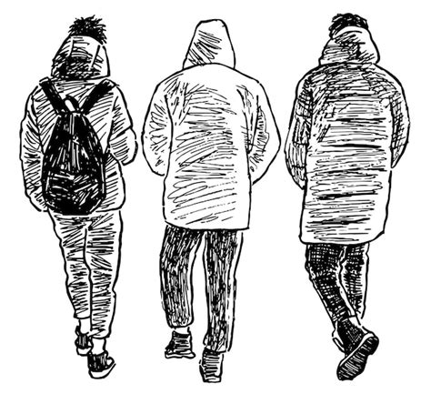 Esbozo De Tres Peatones Urbanos Casuales Caminando Juntos Por La Calle