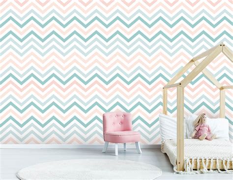 Papel De Parede Infantil Chevron Rosa Azul E Branco Arte Destaque