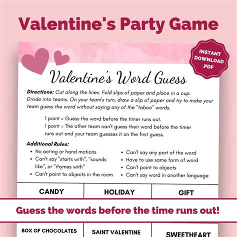 Printable Valentines Day Game Taboo Word Guessing Game Party Game For