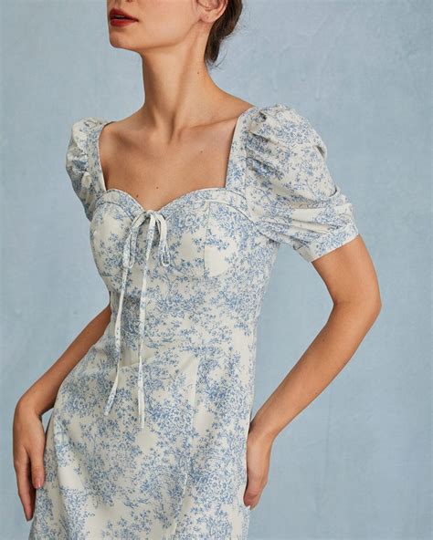 The Blue Sweetheart Neck Puff Sleeve Floral Midi Dress High Waisted