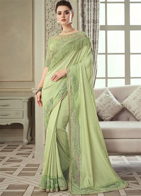 Pale Green Fancy Silk Saree With Fringe Detail Sarees Designer Collection