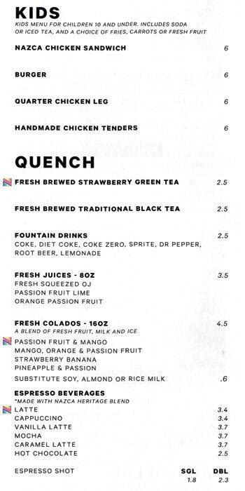 Menu Of Nazca Kitchen Vickery Meadow Dallas Restaurant Walnut Hill