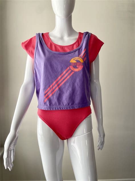 Vintage M L 80s Aerobic Leotard Bodysuit Crop Tank Ca… Gem