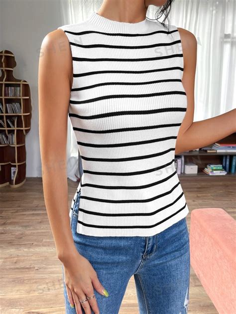 SHEIN Essnce Striped Pattern Mock Neck Ribbed Knit Top SHEIN USA