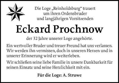 Traueranzeigen Von Eckard Prochnow Sh Z Trauer