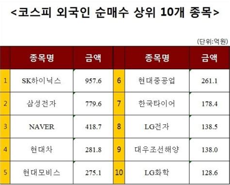 코스피 외국인 순매수 상위 10개 종목 이투데이