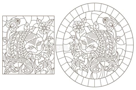 Set Of Contour Illustrations Of Stained Glass Cats On A Background Of